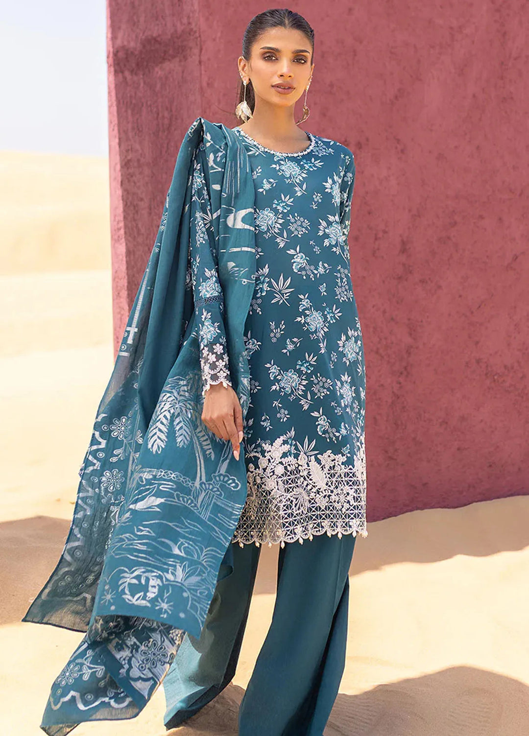 Cross Stitch Embroidered Lawn Suit Unstitched 3 Piece CS24EL2  Teal Serenity - Summer Collection