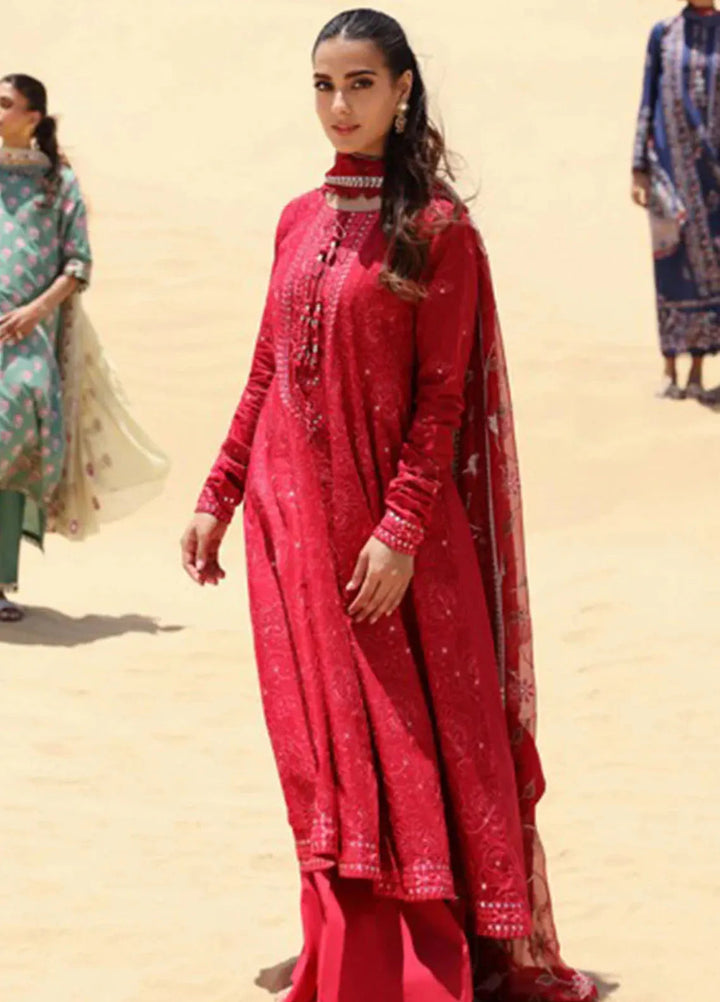 Cross Stitch Embroidered Lawn Suit Unstitched 3 Piece CS24EL2  Vermillion Scarlet - Summer Collection