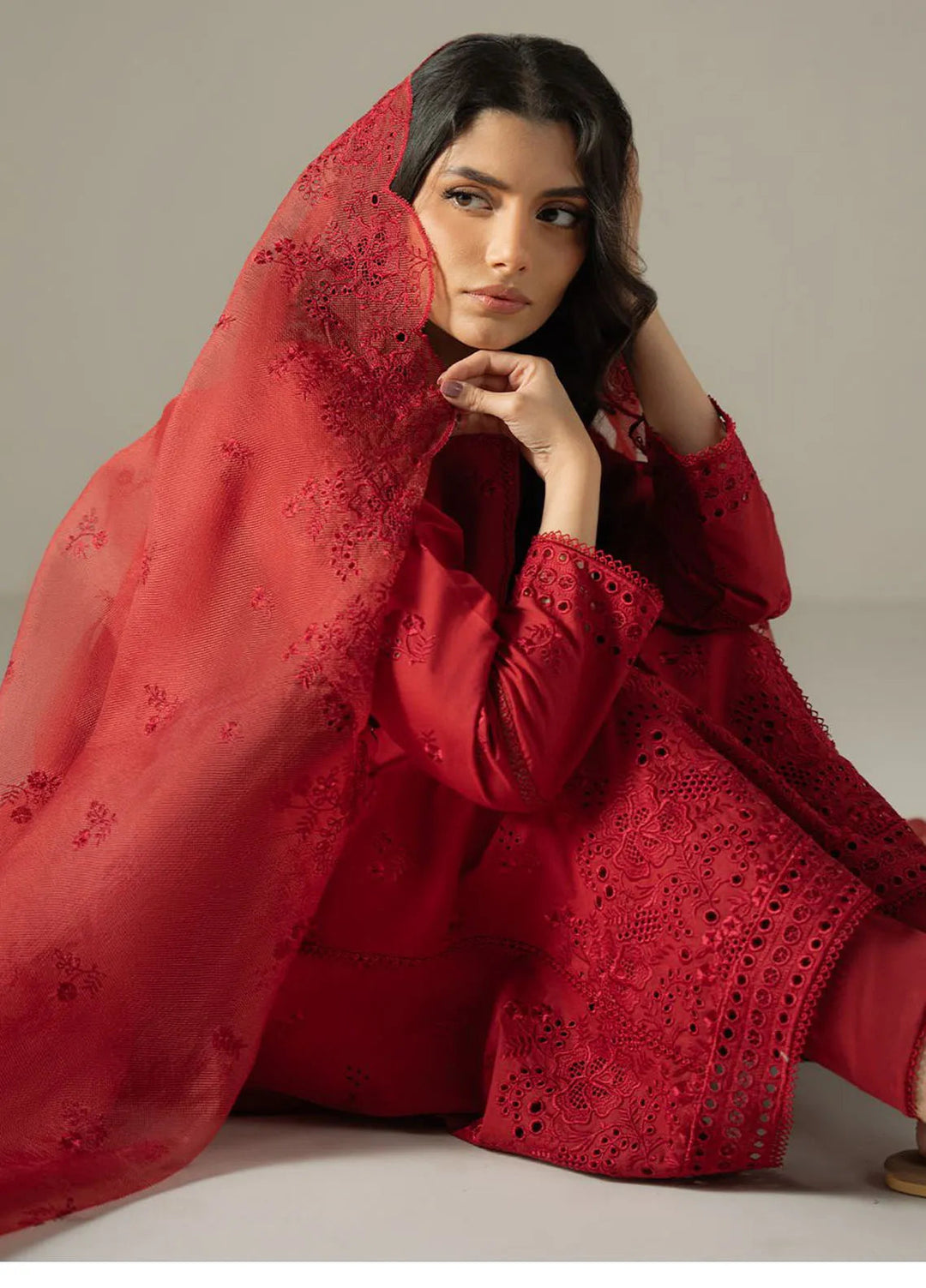 Cross Stitch Embroidered Lawn Suit Unstitched 3 Piece CS25CS Carmine Gris - Summer Collection