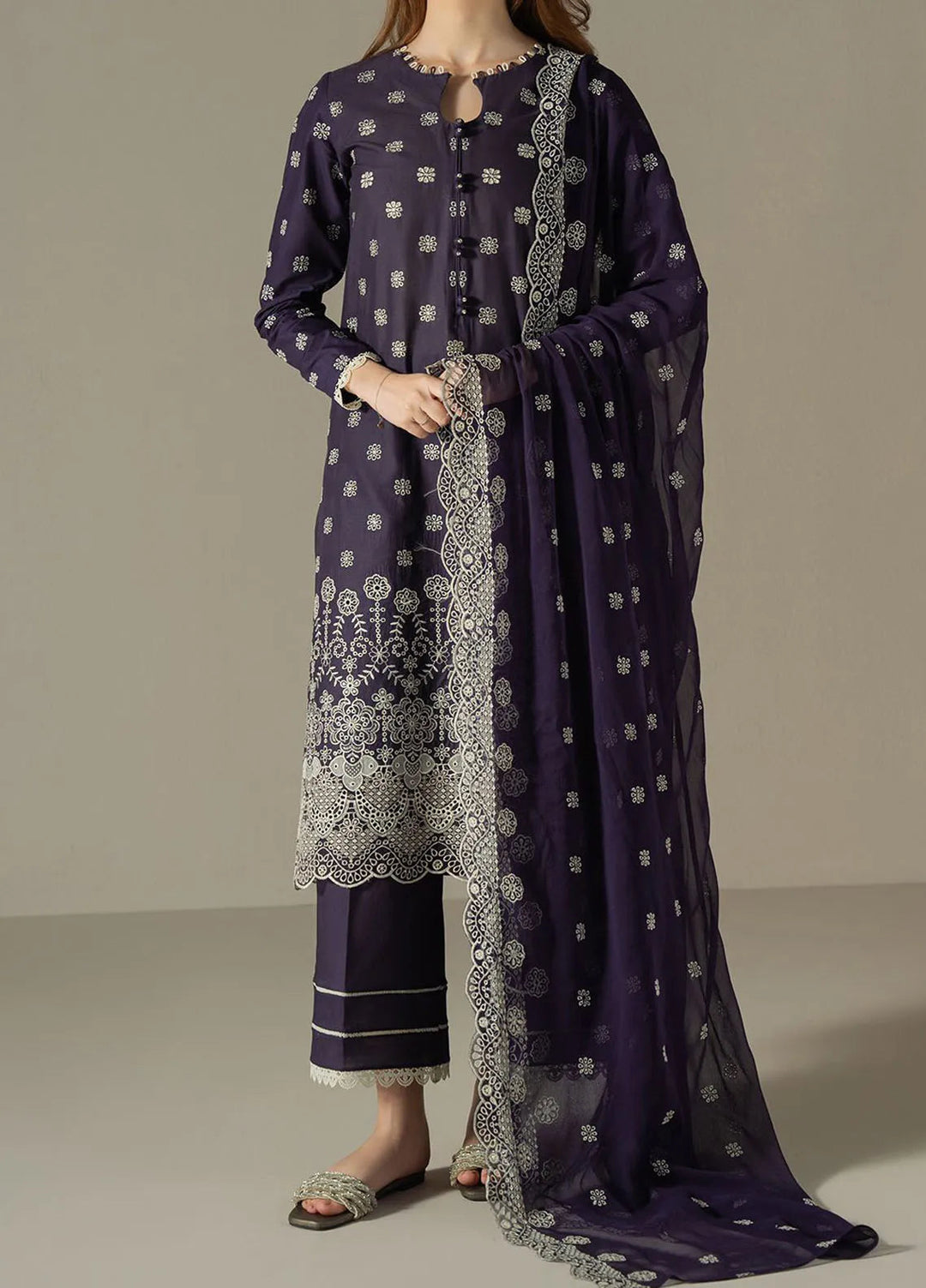 Cross Stitch Embroidered Lawn Suit Unstitched 3 Piece CS25CS Indigo Royal - Summer Collection