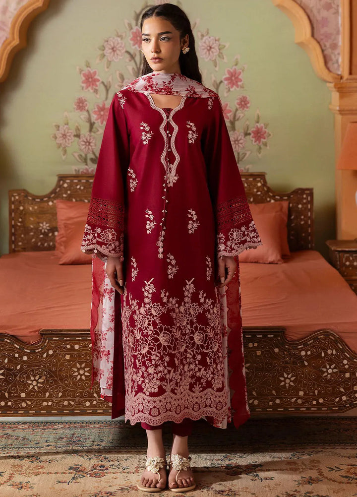Cross Stitch Embroidered Lawn Suits Unstitched 3 Piece Crimson Red - Summer Collection