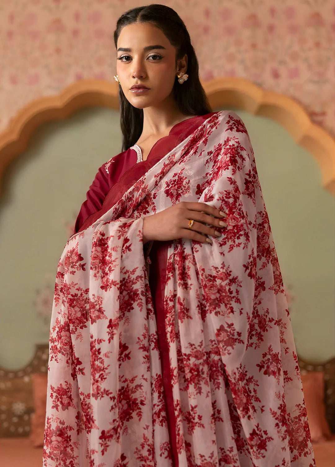 Cross Stitch Embroidered Lawn Suits Unstitched 3 Piece Crimson Red - Summer Collection