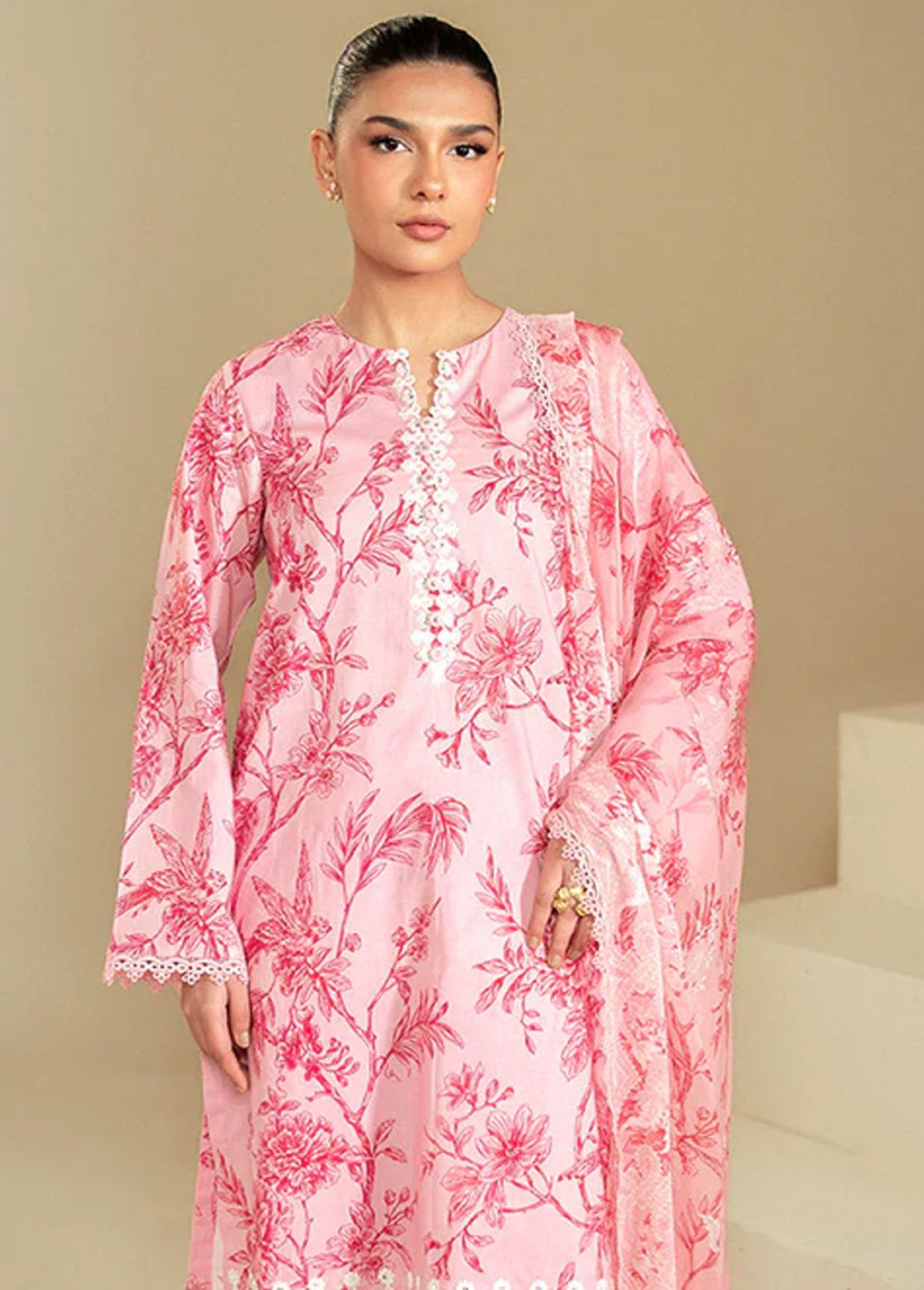 Cross Stitch Embroidered Lawn Suits Unstitched 3 Piece CS24DL D-12 Shaded Pink - Summer Collection