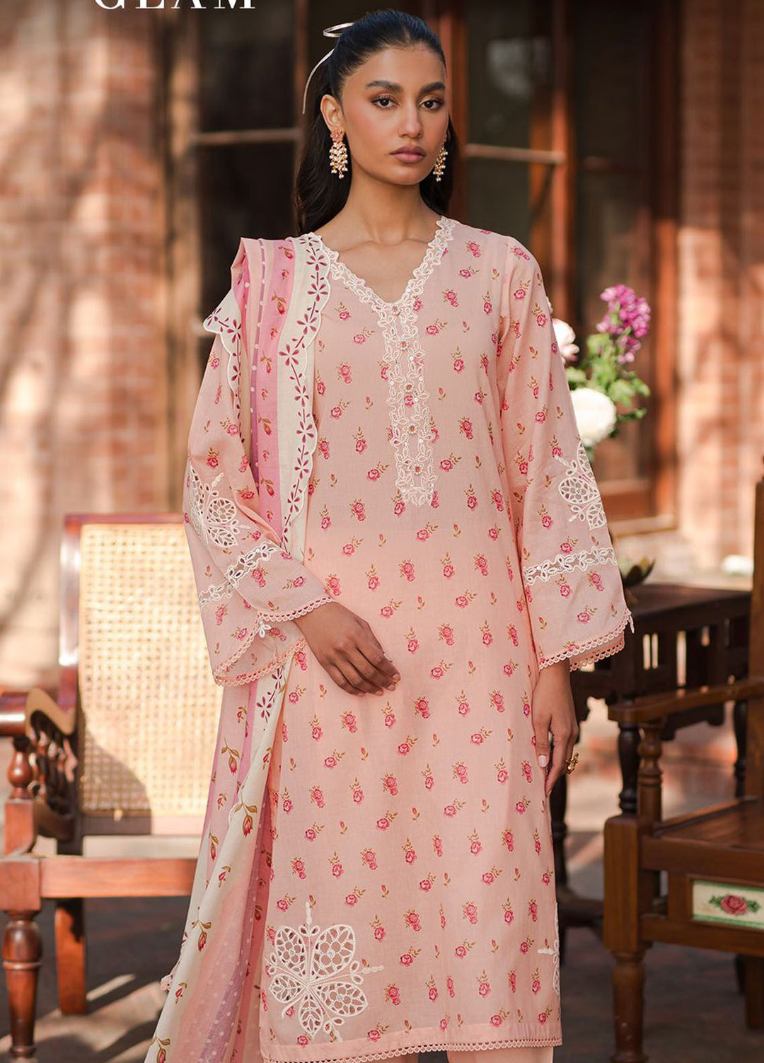 Cross Stitch Embroidered Lawn Suits Unstitched 3 Piece CS24EL D-20 Peach Glam - Eid Collection
