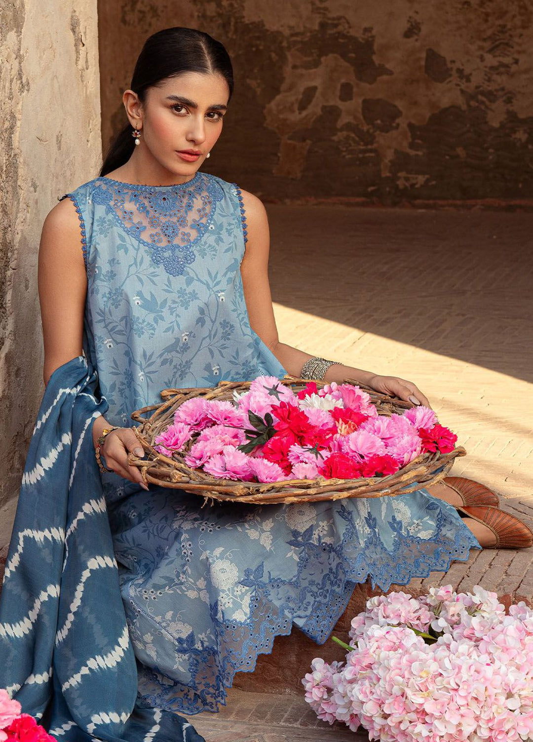 Cross Stitch Embroidered Lawn Suits Unstitched 3 Piece CS24PL D-18 Blue Sand - Summer Collection