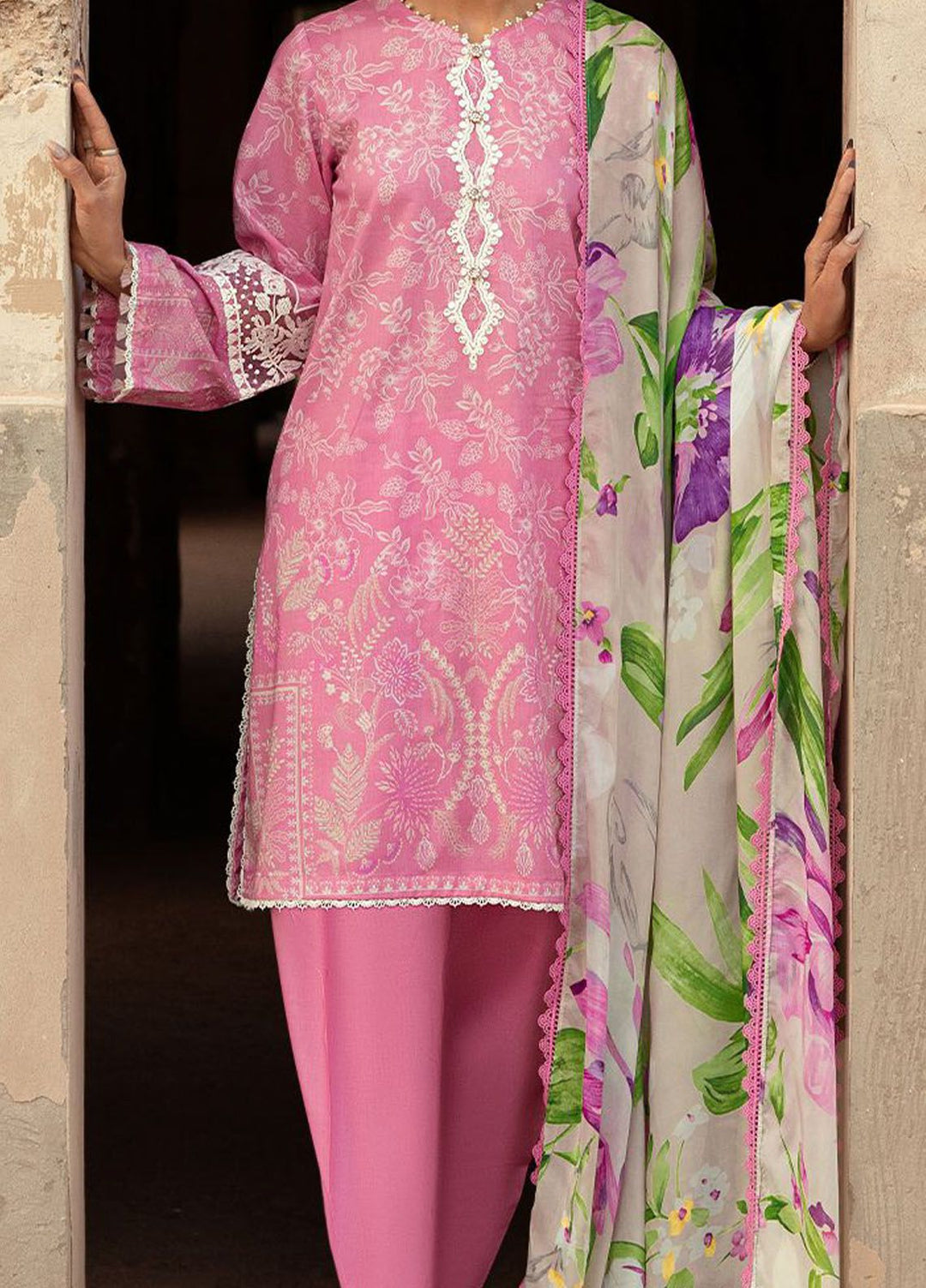 Cross Stitch Embroidered Lawn Suits Unstitched 3 Piece CS24PL D-20 Coral Floret - Summer Collection