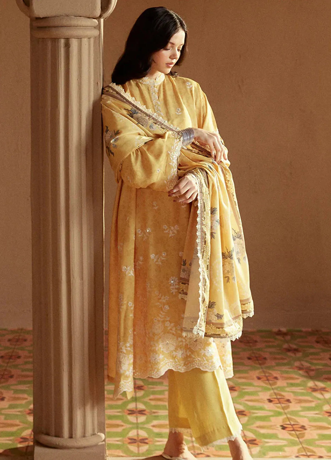 Cross Stitch Embroidered Linen Suits Unstitched 3 Piece CS24W Ochre Tint - Winter Collection