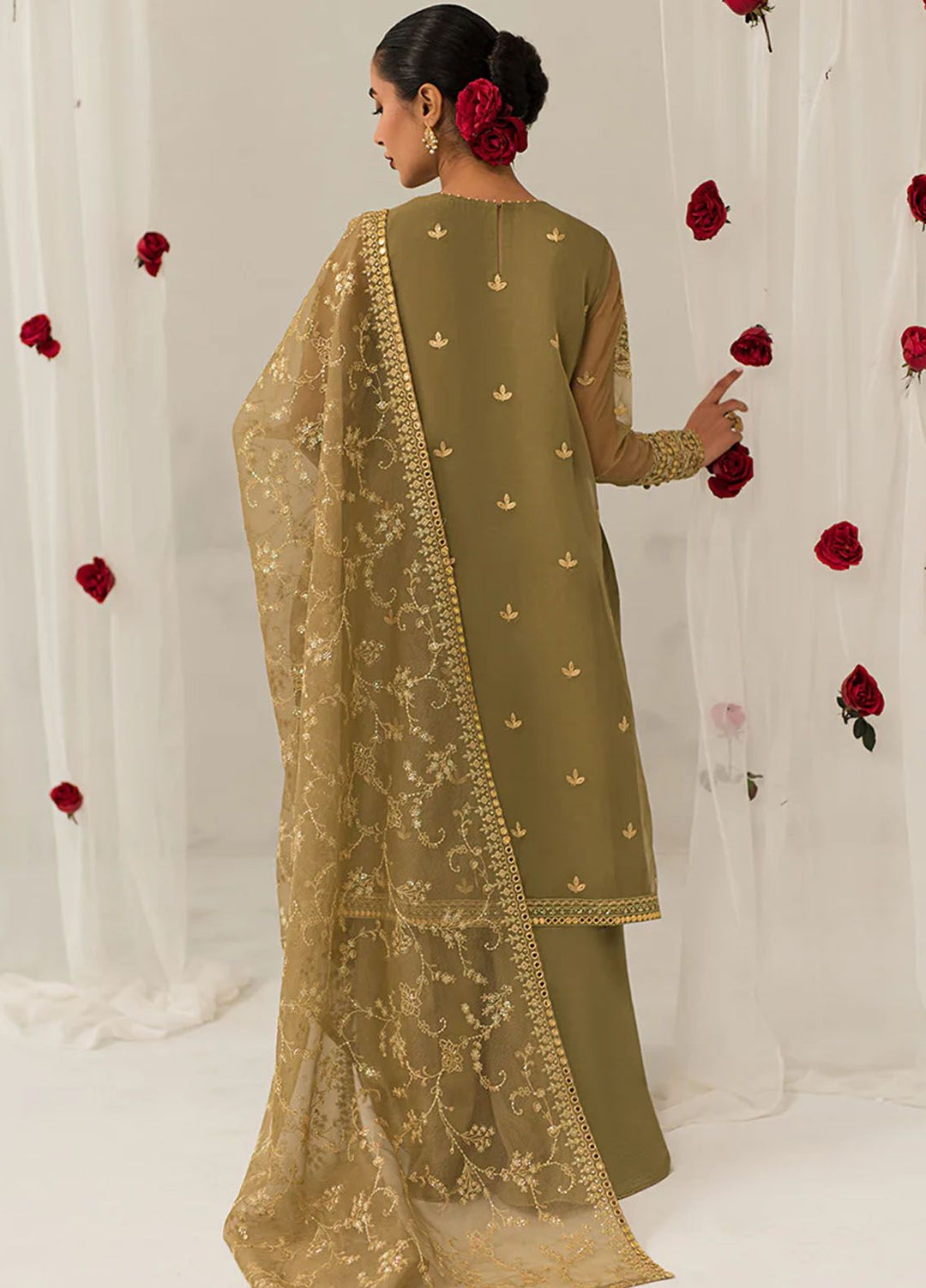 Cross Stitch Embroidered Organza Suits Unstitched 4 Piece CS24LA Olive Gleam - Luxury Collection