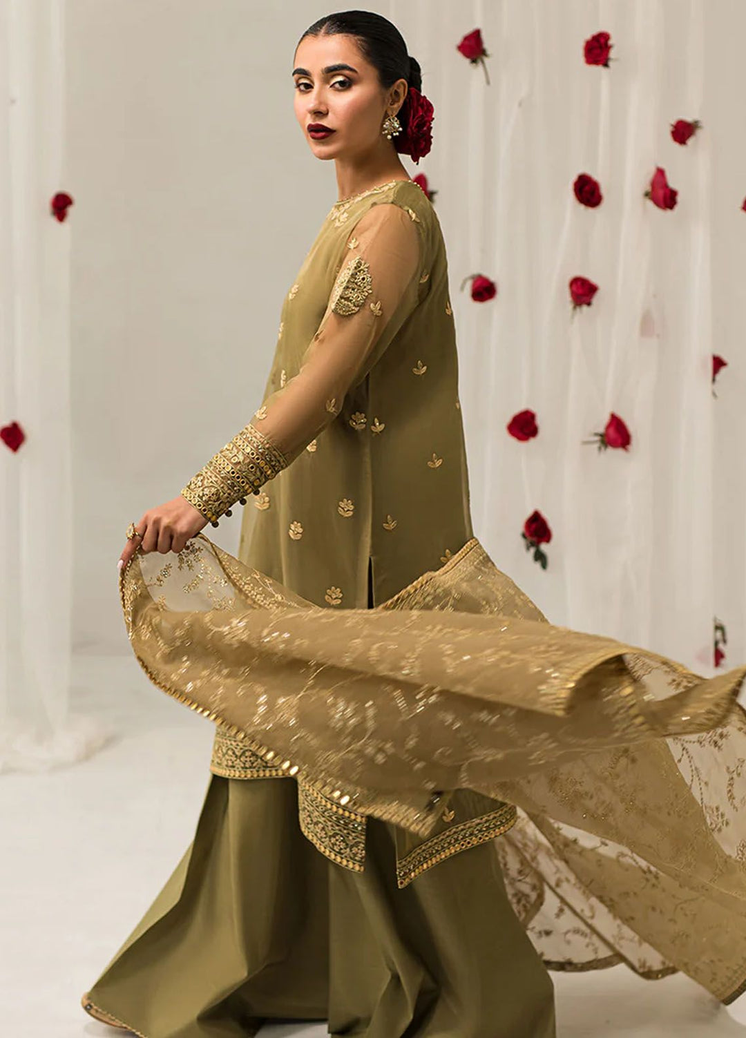 Cross Stitch Embroidered Organza Suits Unstitched 4 Piece CS24LA Olive Gleam - Luxury Collection