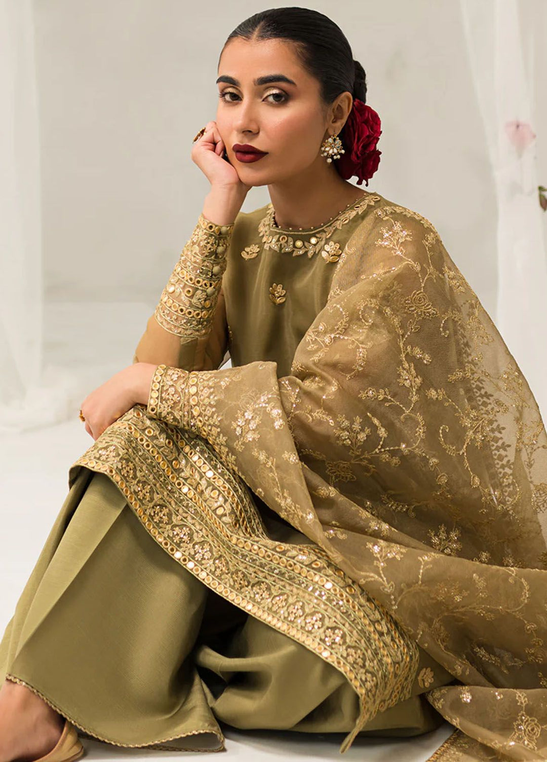 Cross Stitch Embroidered Organza Suits Unstitched 4 Piece CS24LA Olive Gleam - Luxury Collection