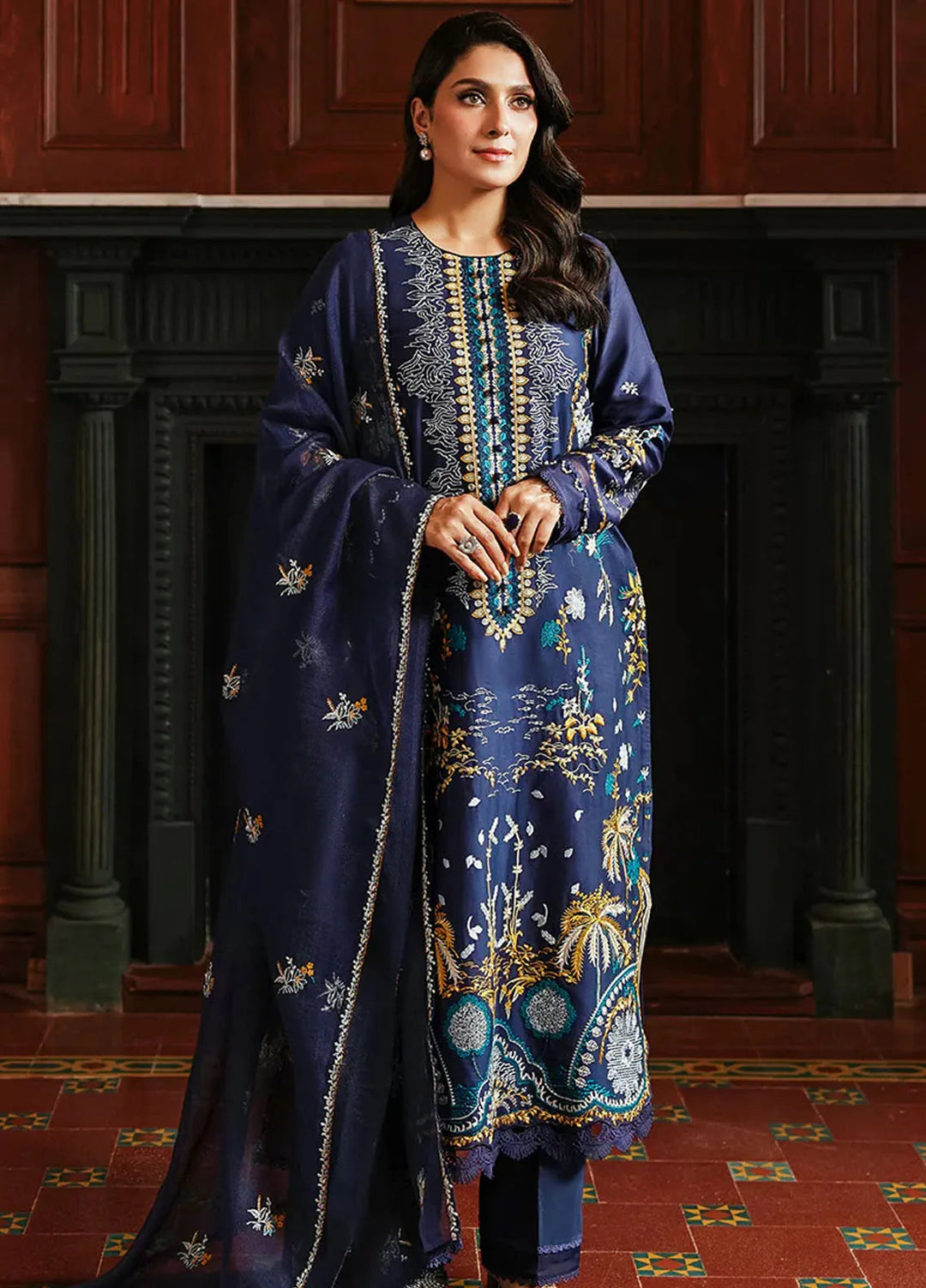 Cross Stitch Embroidered Satin Suit Unstitched 3 Piece CS24S Celestial Navy - Luxury Collection