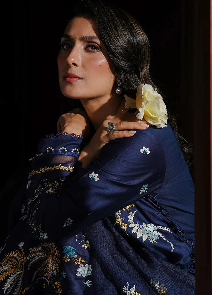 Cross Stitch Embroidered Satin Suit Unstitched 3 Piece CS24S Celestial Navy - Luxury Collection