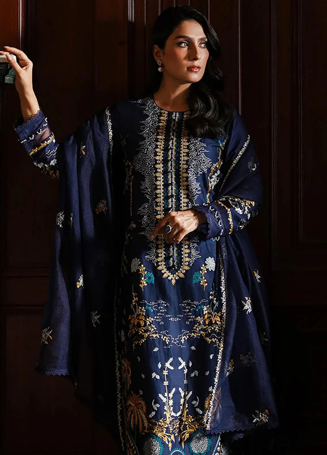 Cross Stitch Embroidered Satin Suit Unstitched 3 Piece CS24S Celestial Navy - Luxury Collection