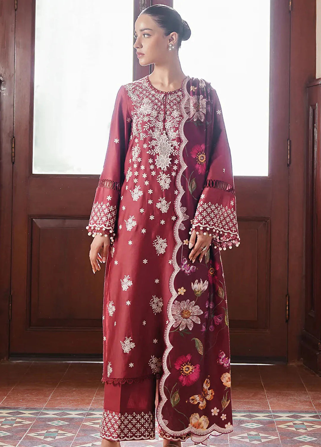 Cross Stitch Embroidered Satin Suit Unstitched 3 Piece CS24S Deep Berry - Luxury Collection