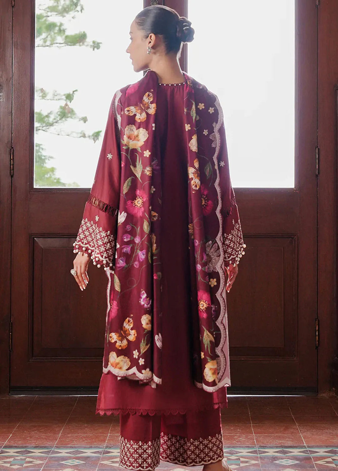 Cross Stitch Embroidered Satin Suit Unstitched 3 Piece CS24S Deep Berry - Luxury Collection