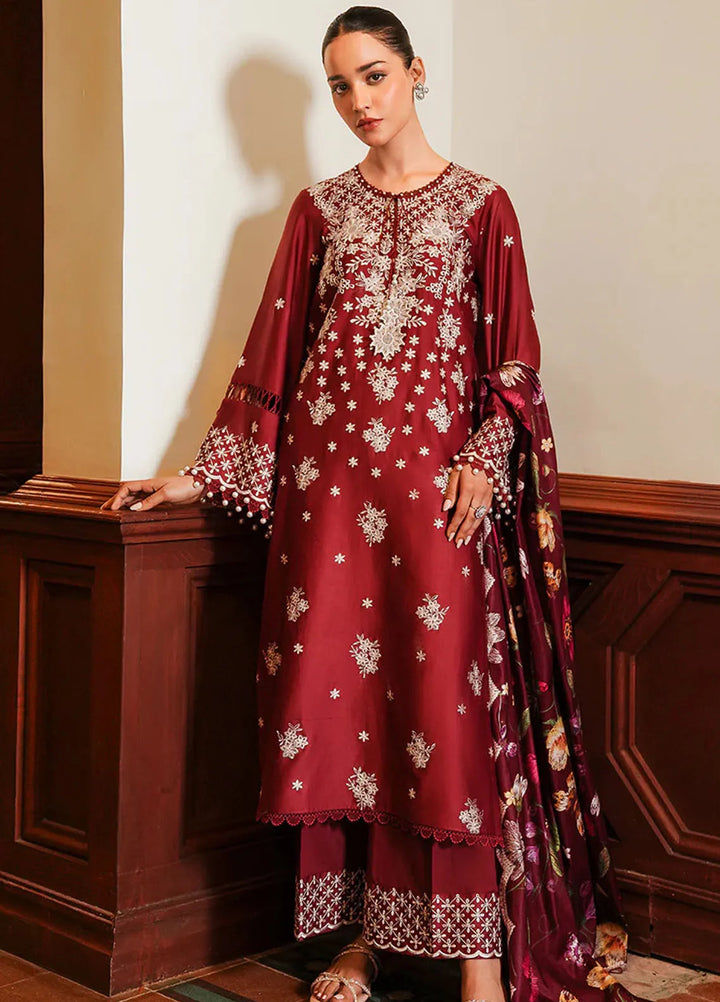 Cross Stitch Embroidered Satin Suit Unstitched 3 Piece CS24S Deep Berry - Luxury Collection
