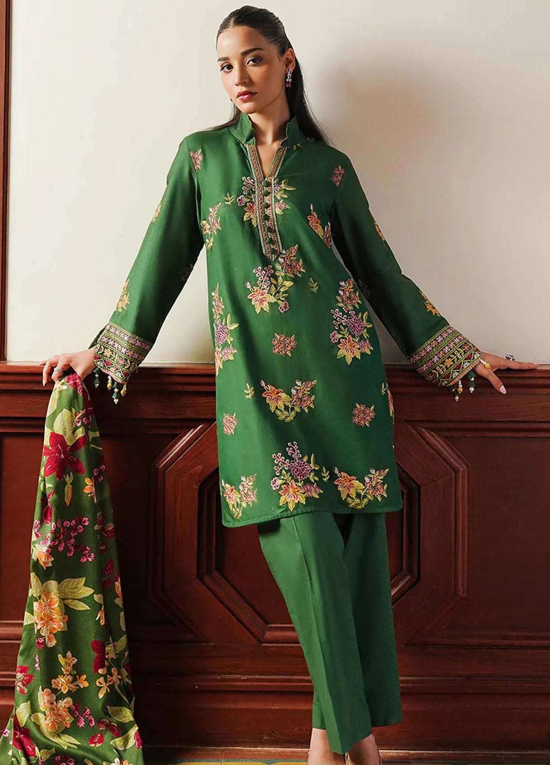 Cross Stitch Embroidered Satin Suit Unstitched 3 Piece CS24S Green Oasis - Luxury Collection