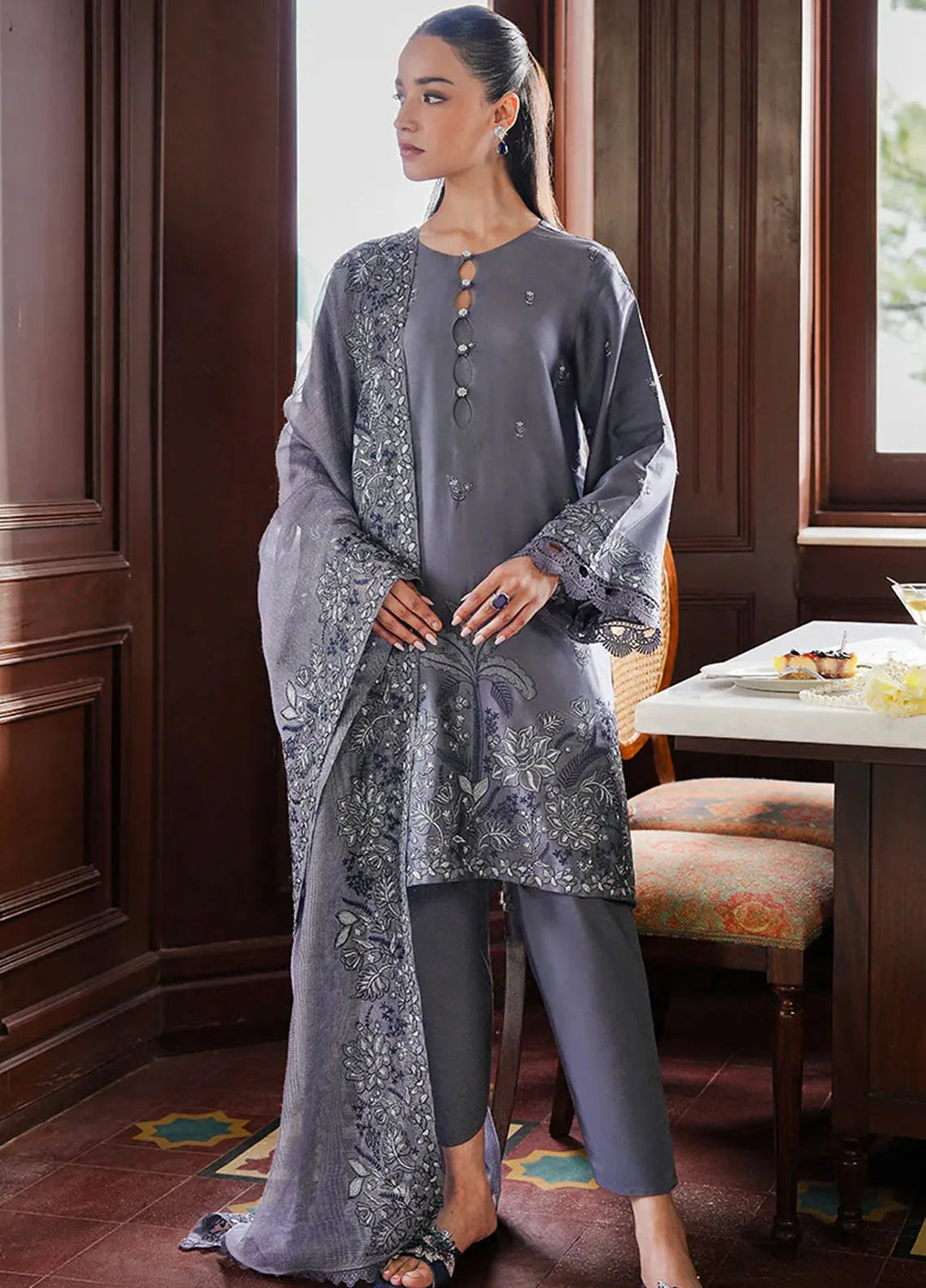Cross Stitch Embroidered Satin Suit Unstitched 3 Piece CS24S Indigo Bloom - Luxury Collection