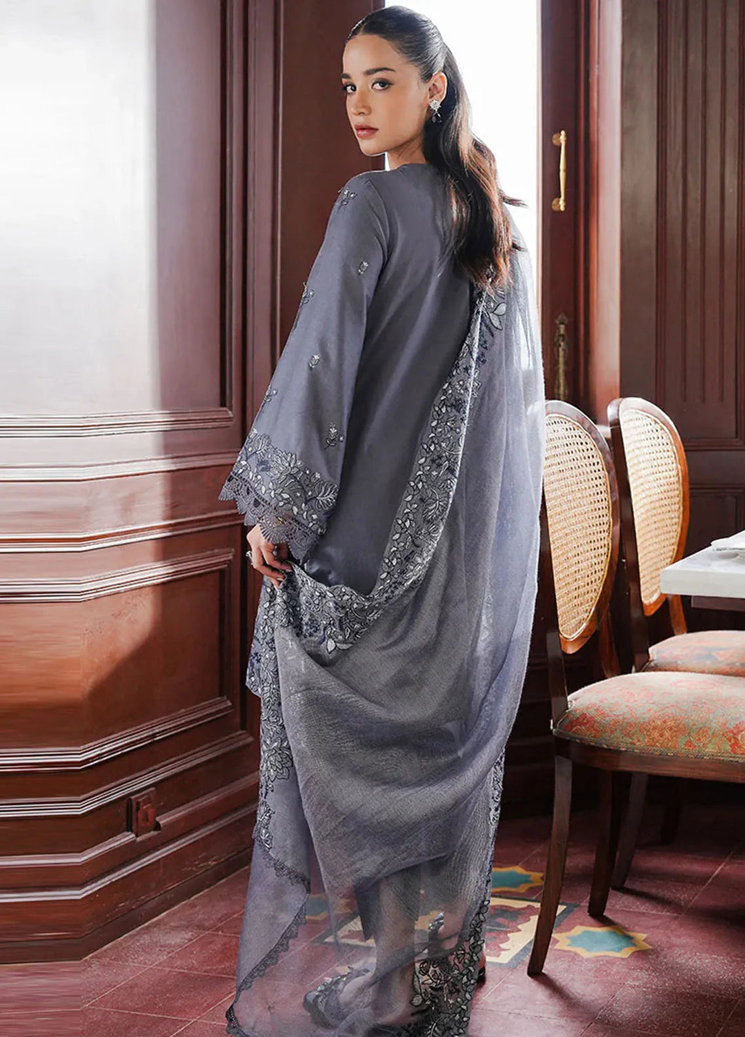 Cross Stitch Embroidered Satin Suit Unstitched 3 Piece CS24S Indigo Bloom - Luxury Collection