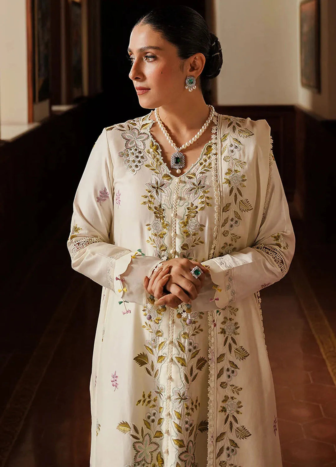 Cross Stitch Embroidered Satin Suit Unstitched 3 Piece CS24S Ivory Garden - Luxury Collection