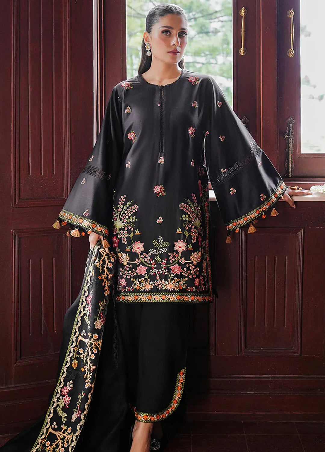 Cross Stitch Embroidered Satin Suit Unstitched 3 Piece CS24S Raven Blossom - Luxury Collection