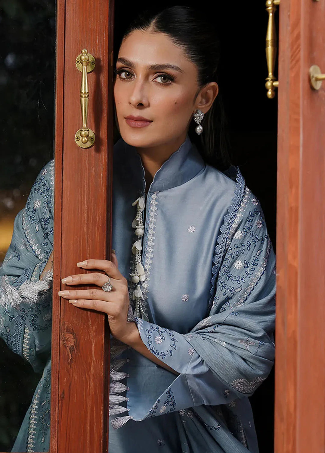 Cross Stitch Embroidered Satin Suit Unstitched 3 Piece CS24S Serenity Blue - Luxury Collection