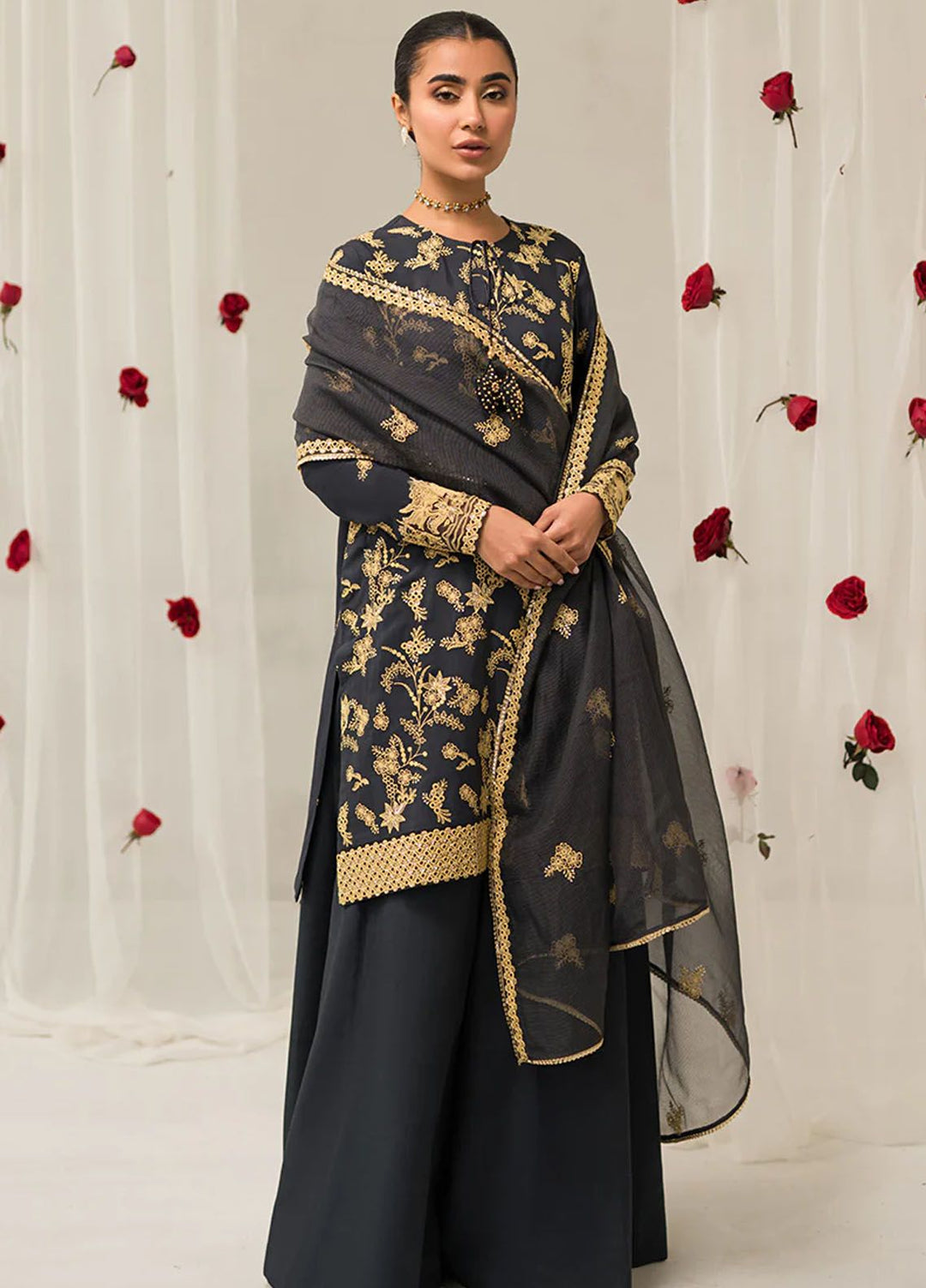 Cross Stitch Embroidered Silk Suits Unstitched 3 Piece CS24LA Charcoal Tint - Luxury Collection