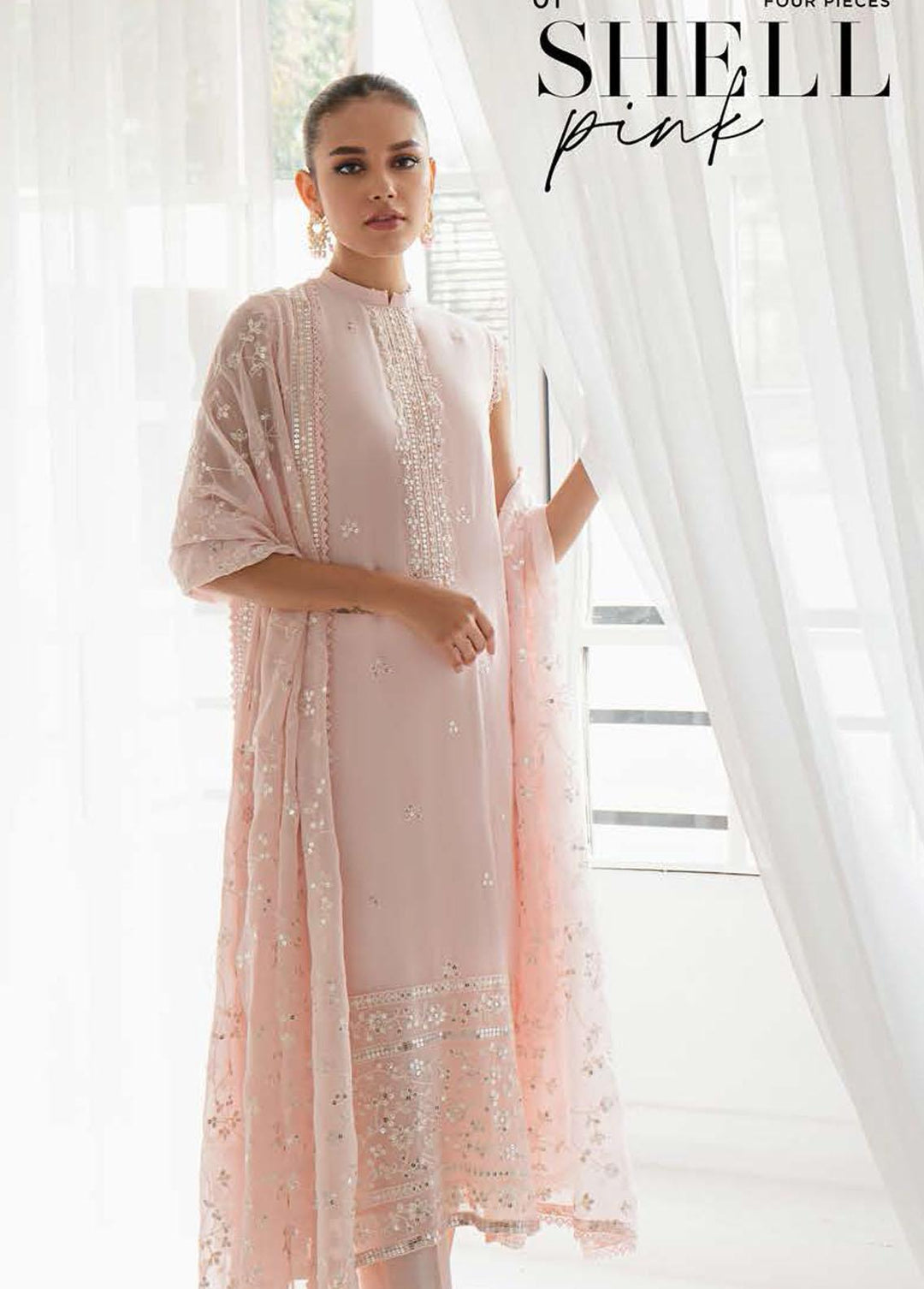 Luxe Atelier By Cross Stitch Embroidered Chiffon Suits Unstitched 4 Piece CS23LA 01 Shell Pink - Luxury Collection