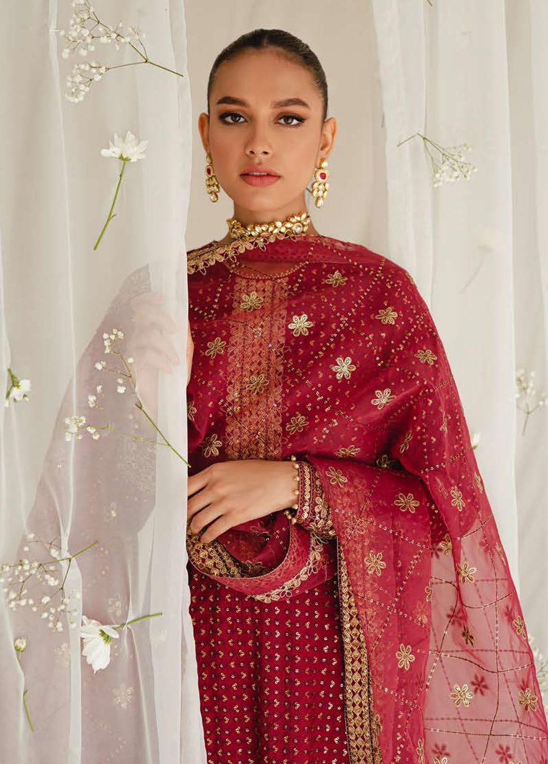 Luxe Atelier By Cross Stitch Embroidered Silk Suits Unstitched 3 Piece CS23LA 07 Carmine Glow - Luxury Collection