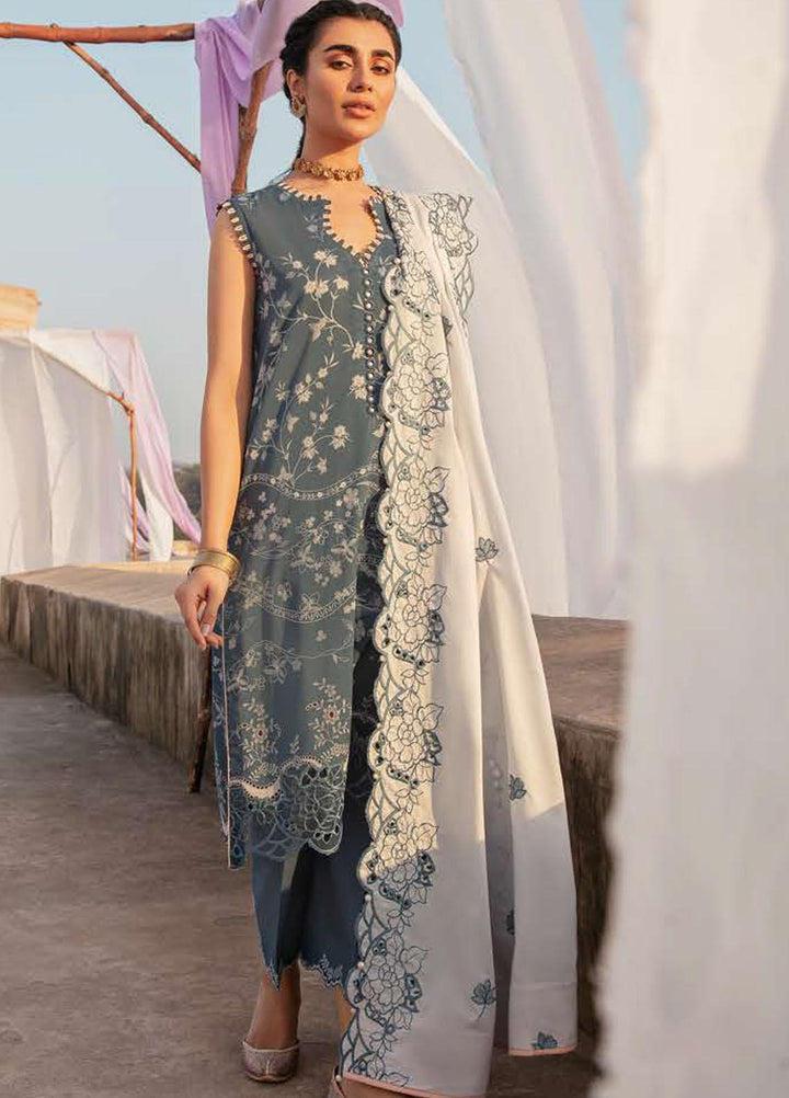 Mehrbano By Cross Stitch Embroidered Lawn Suits Unstitched 3 Piece CS22ML CERULEAN TAUPE - Premium Collection