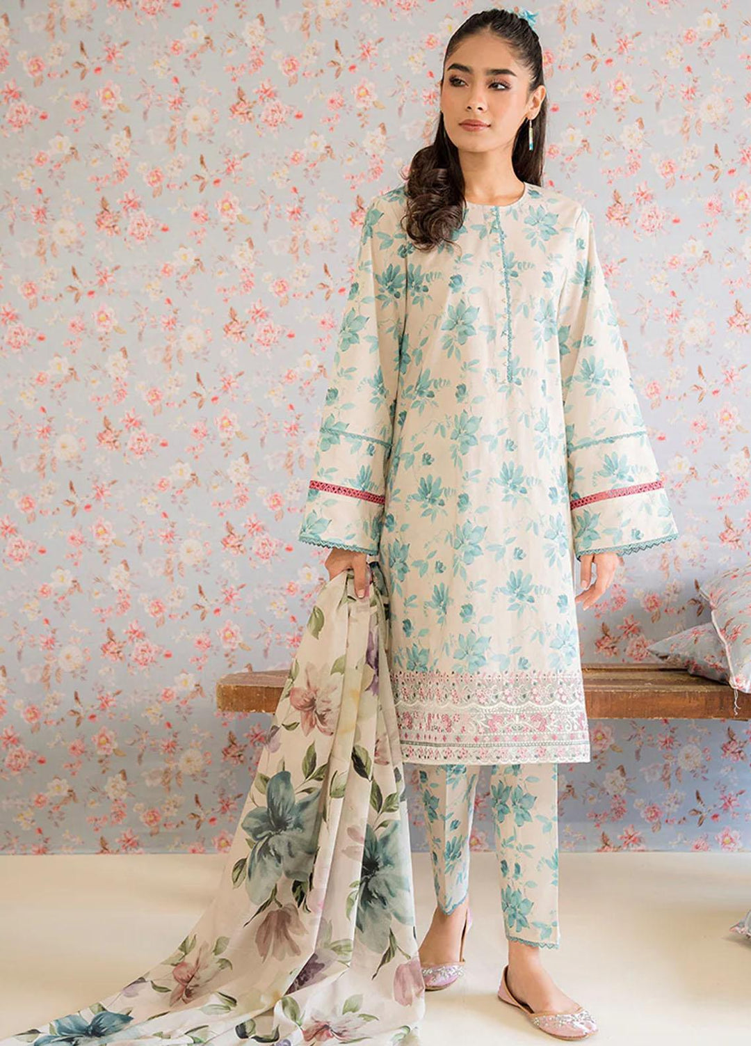 Cross Stitch Embroidered Lawn Suits Unstitched 3 Piece CS23PP D-01 Blue Mist - Summer Collection