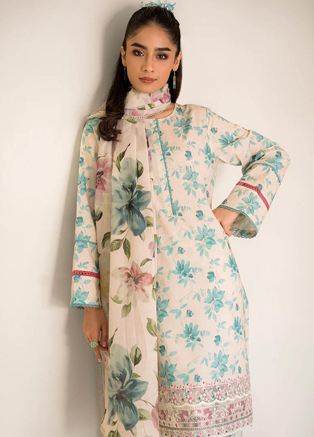 Cross Stitch Embroidered Lawn Suits Unstitched 3 Piece CS23PP D-01 Blue Mist - Summer Collection