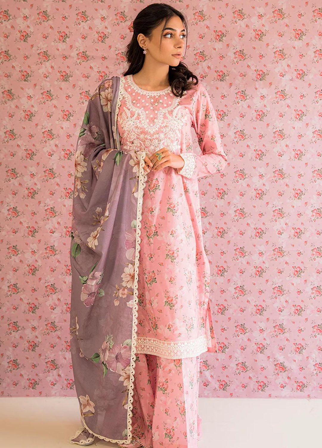 Cross Stitch Embroidered Lawn Suits Unstitched 3 Piece CS23PP D-08 Rose Gleam - Summer Collection