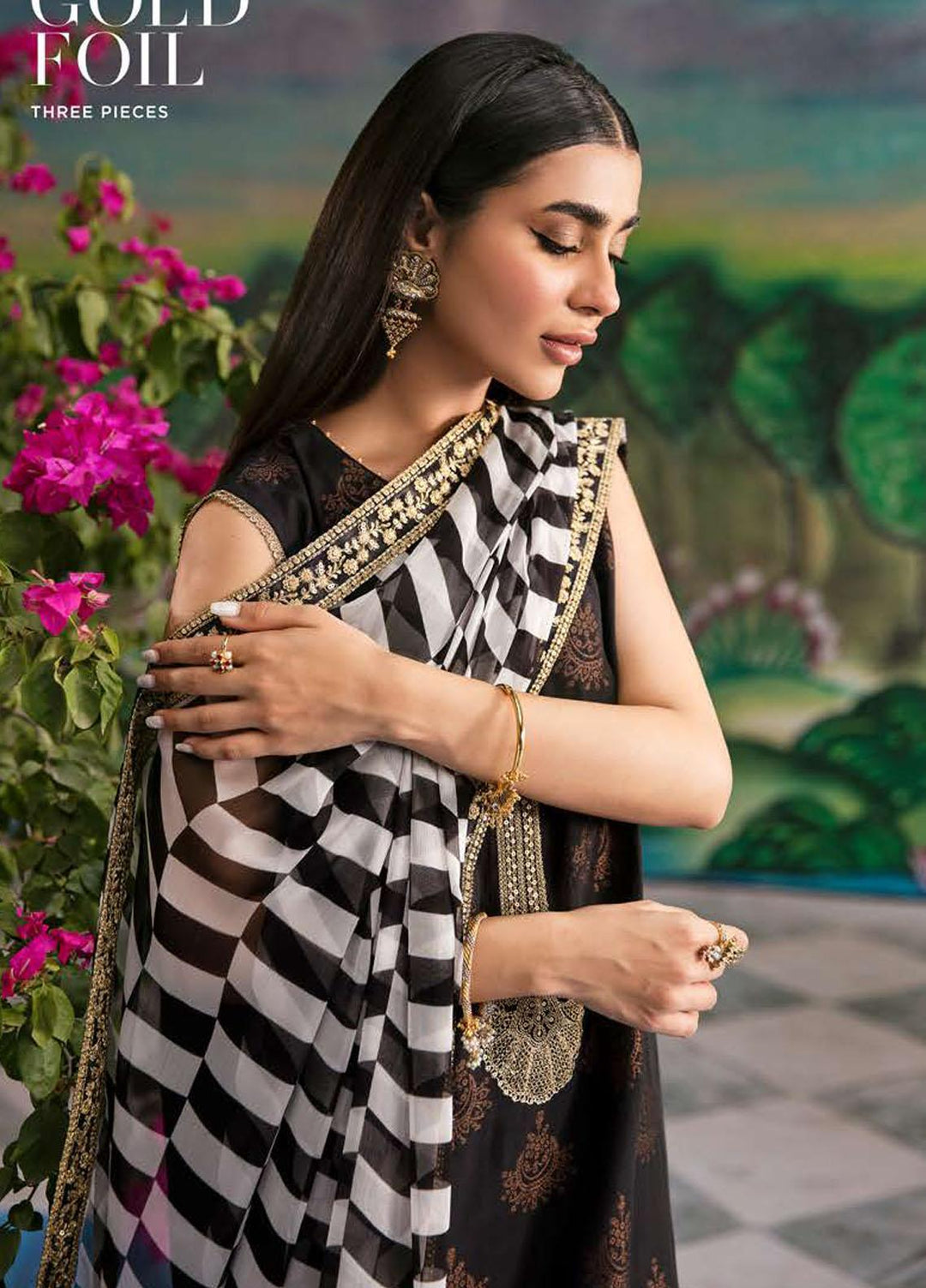 Cross Stitch Embroidered Cotton Suits Unstitched 3 Piece CS23PL D-22 Gold Foil - Eid Collection