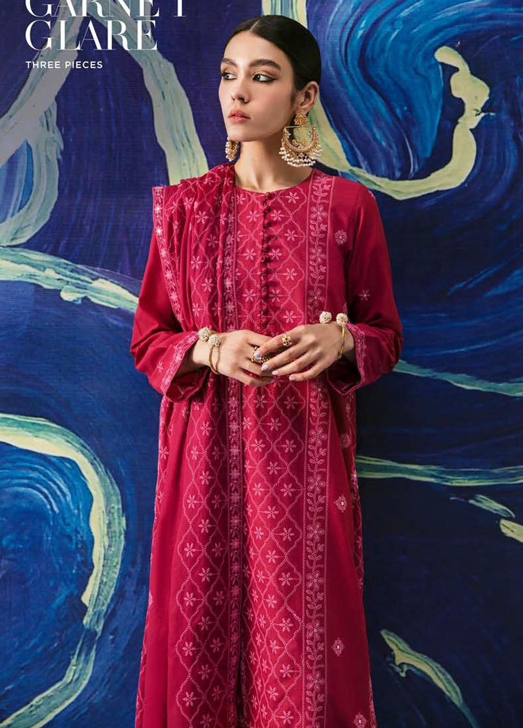 Cross Stitch Embroidered Lawn Suits Unstitched 3 Piece CS23PL D-23 Garnet Glare - Eid Collection