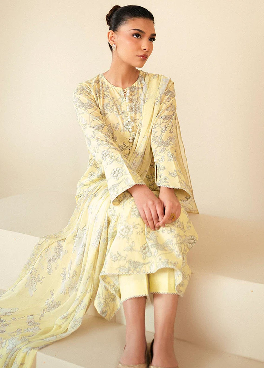 Cross Stitch Printed Lawn Suits Unstitched 3 Piece CS24DL D-01 Cream Brulee - Summer Collection