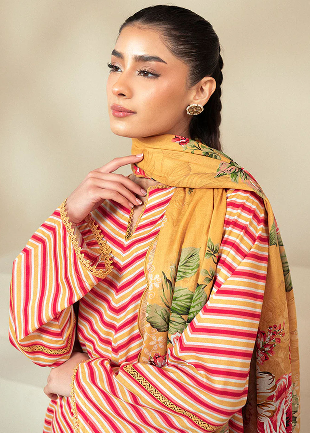 Cross Stitch Printed Lawn Suits Unstitched 3 Piece CS24DL D-06 Golden Rosado - Summer Collection