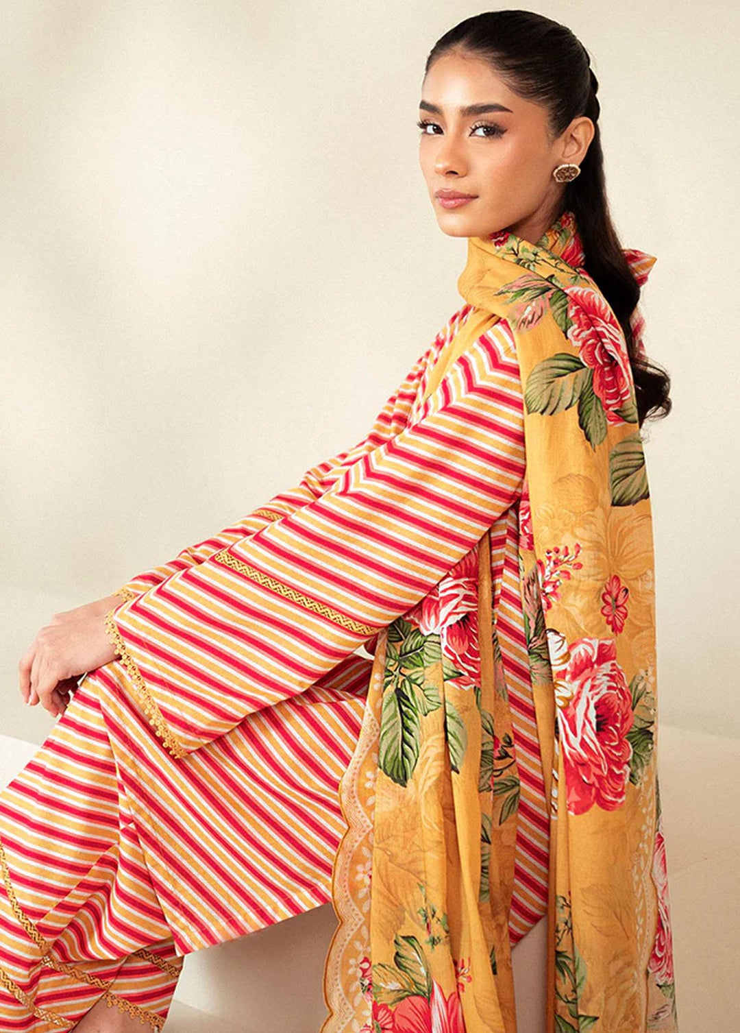 Cross Stitch Printed Lawn Suits Unstitched 3 Piece CS24DL D-06 Golden Rosado - Summer Collection