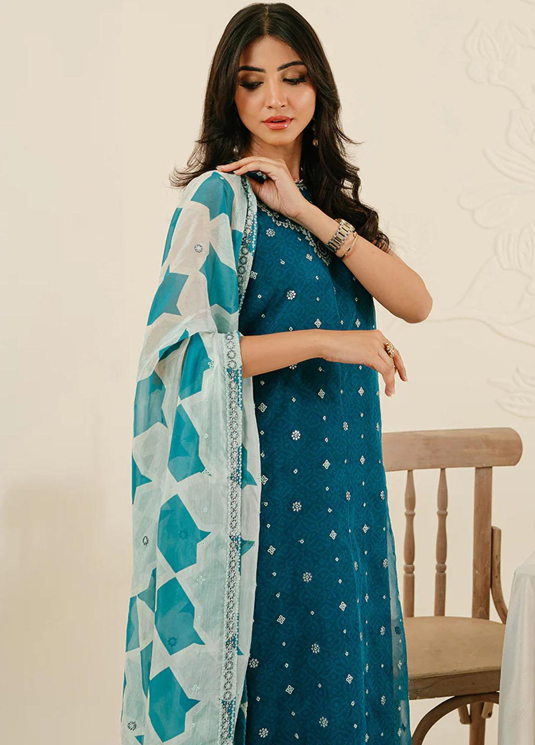 Cross Stitch Embroidered Organza Suits Unstitched 4 Piece CS23TBT Freckle Teal - Festive Collection