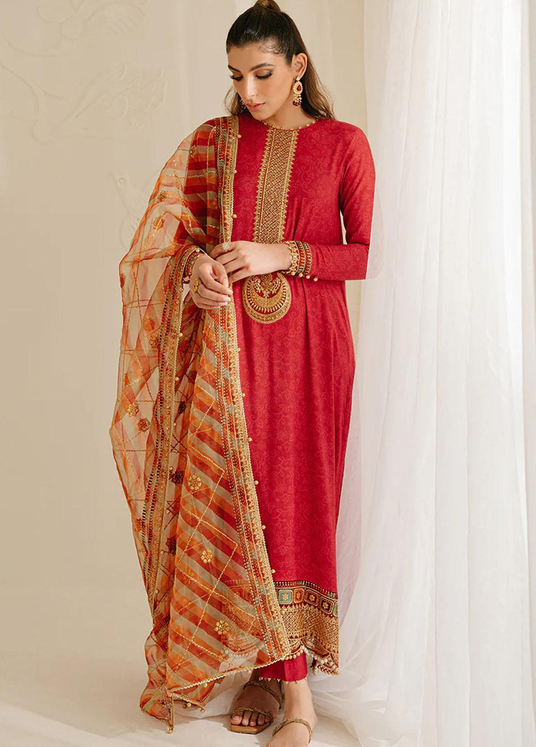 Cross Stitch Embroidered Silk Suits Unstitched 3 Piece CS23TBT Pompeian Red - Festive Collection