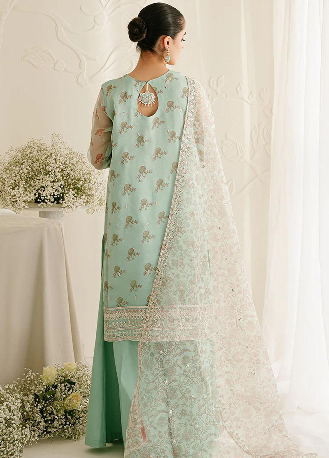 Cross Stitch Embroidered Organza Suits Unstitched 4 Piece CS23TBT Pristine Mint - Festive Collection