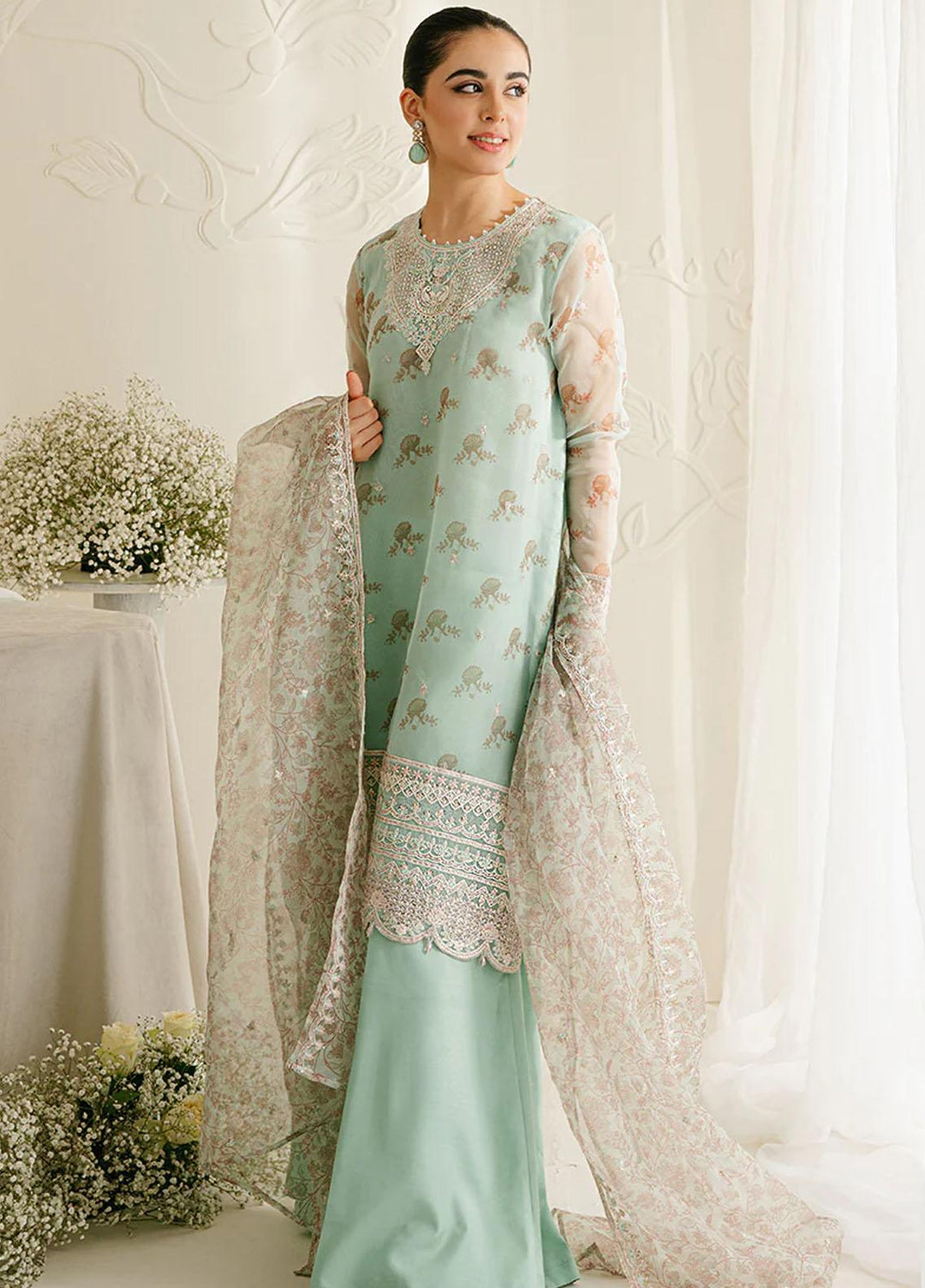Cross Stitch Embroidered Organza Suits Unstitched 4 Piece CS23TBT Pristine Mint - Festive Collection