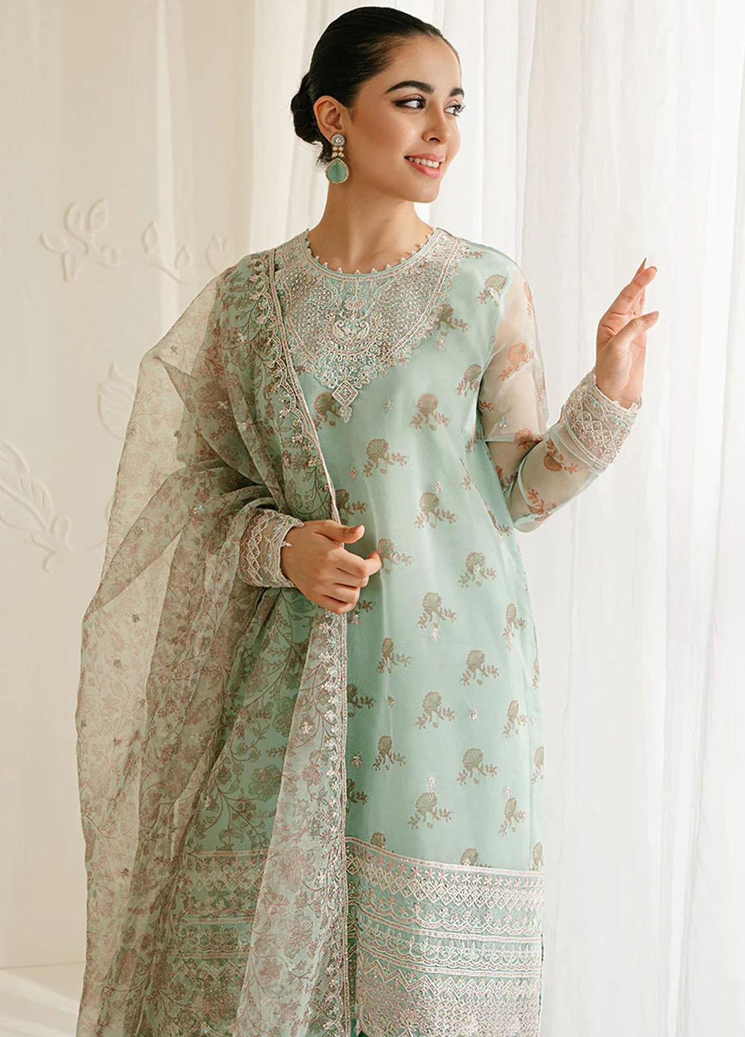 Cross Stitch Embroidered Organza Suits Unstitched 4 Piece CS23TBT Pristine Mint - Festive Collection