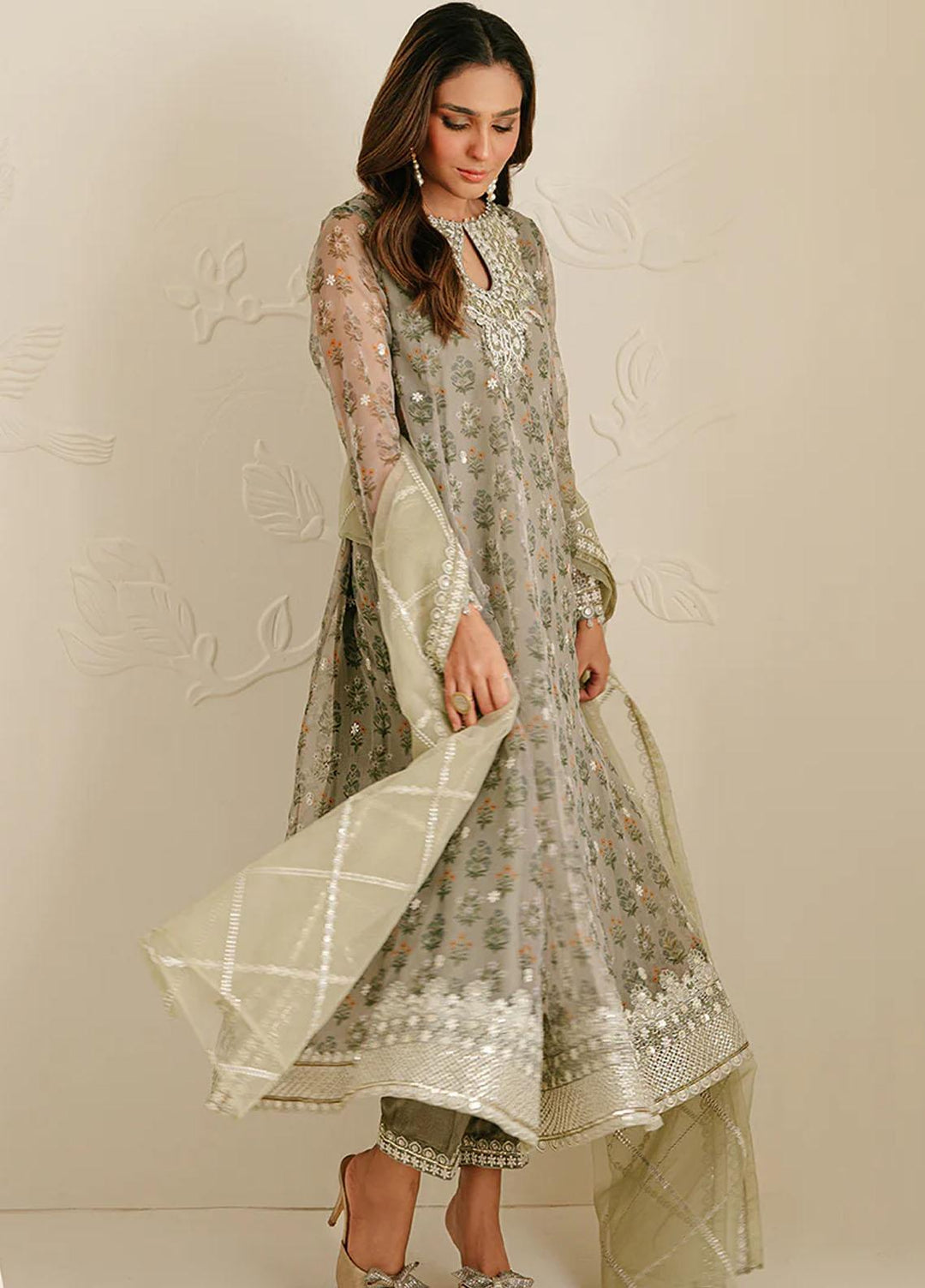 Cross Stitch Embroidered Organza Suits Unstitched 4 Piece CS23TBT Relic Fossil - Festive Collection