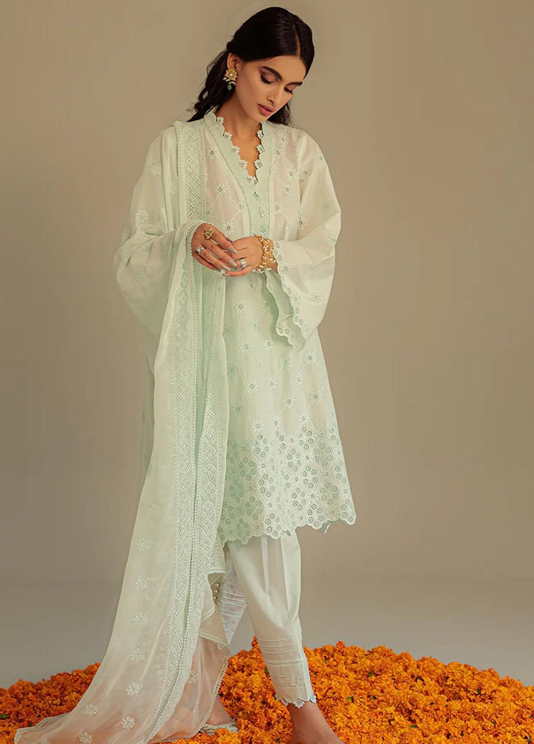 Cross Stitch Embroidered Lawn Suits Unstitched 3 Piece CS23L Dusty Aqua - Summer Collection