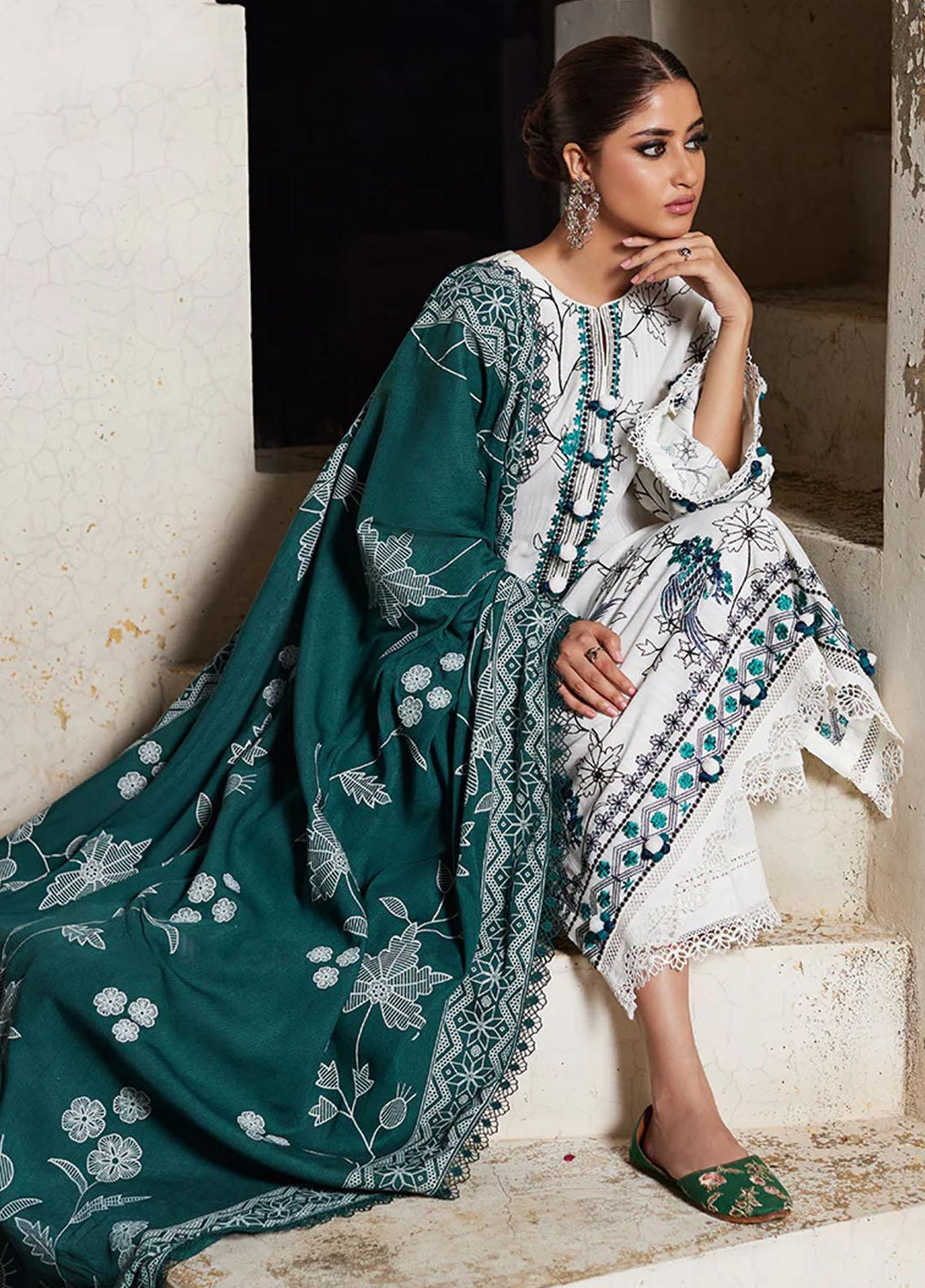 Cross Stitch Embroidered Khaddar Suits Unstitched 3 Piece CS23KL Ivory Hartley - Winter Collection