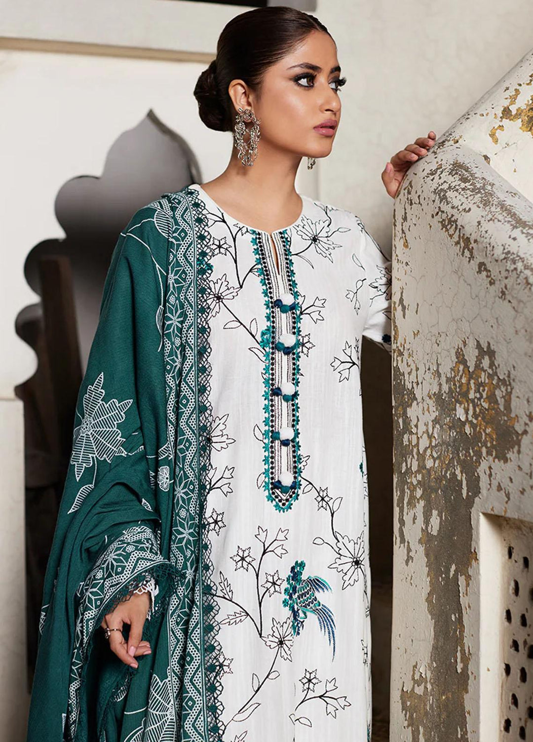 Cross Stitch Embroidered Khaddar Suits Unstitched 3 Piece CS23KL Ivory Hartley - Winter Collection