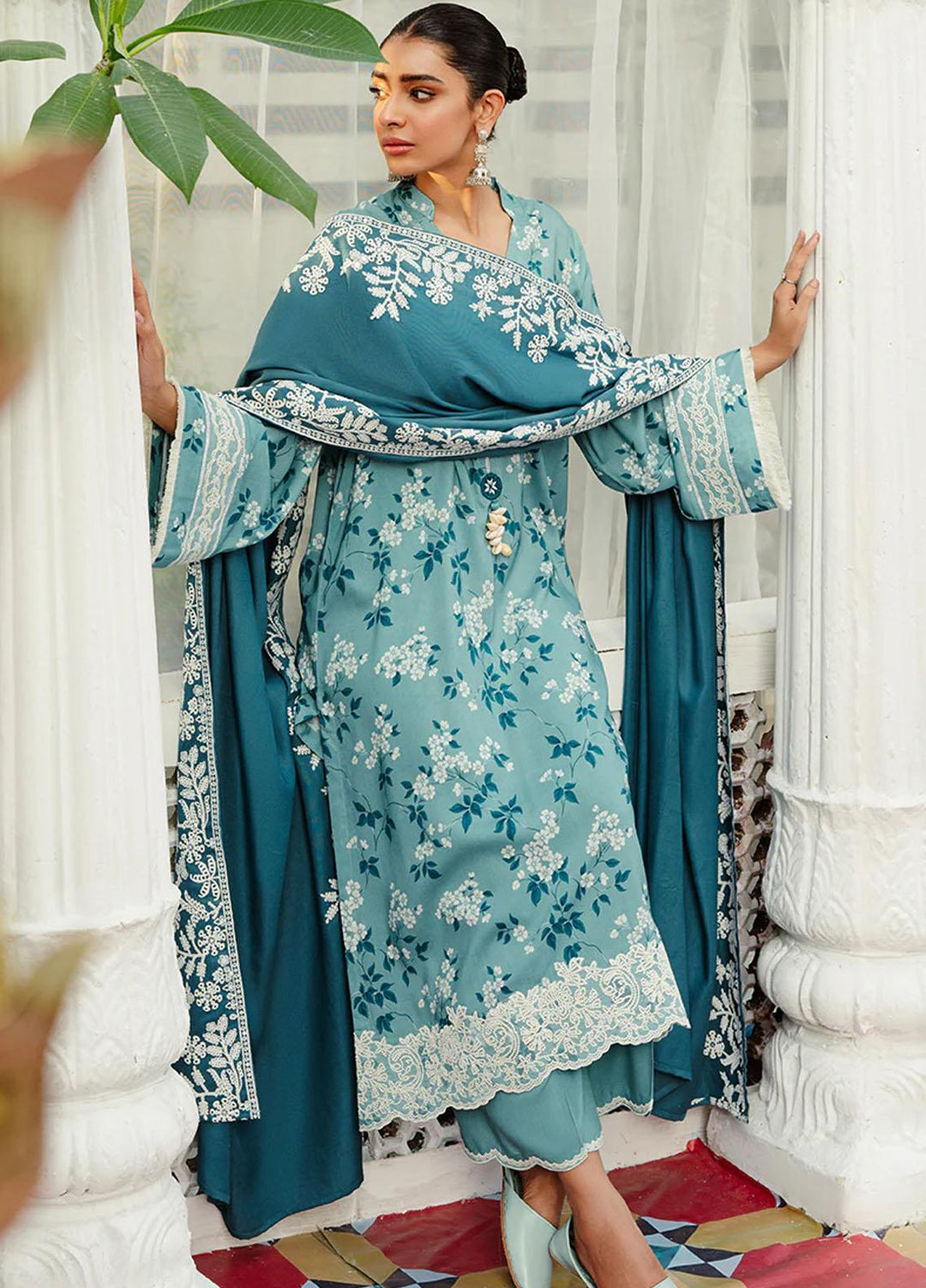 Cross Stitch Embroidered Linen Suits Unstitched 3 Piece CS23KL Teal Waters - Winter Collection