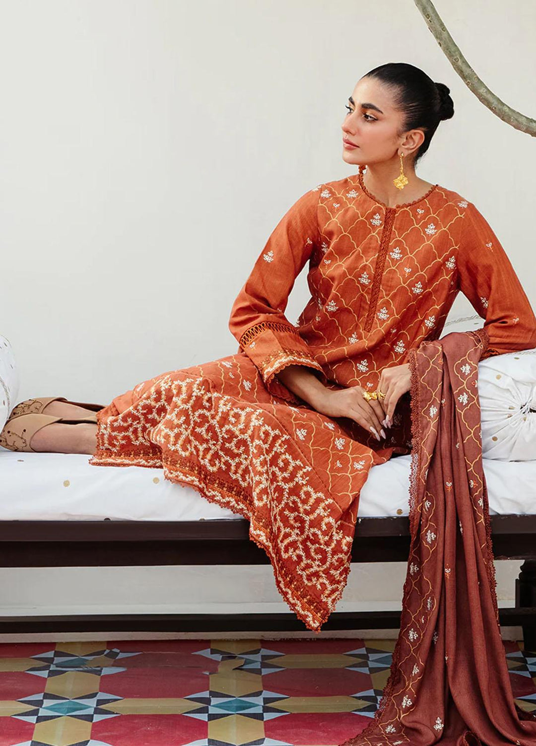 Cross Stitch Embroidered Khaddar Suits Unstitched 3 Piece CS23KL Tan Hues - Winter Collection