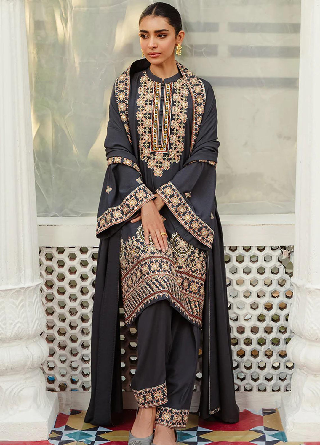 Cross Stitch Embroidered Linen Suits Unstitched 3 Piece CS23KL Smoky Fleck - Winter Collection